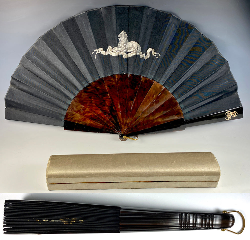 Stunning Antique French Hand Fan, Crown HP and 18k Gold Monogram (2), Tortoise Shell, Houbigant