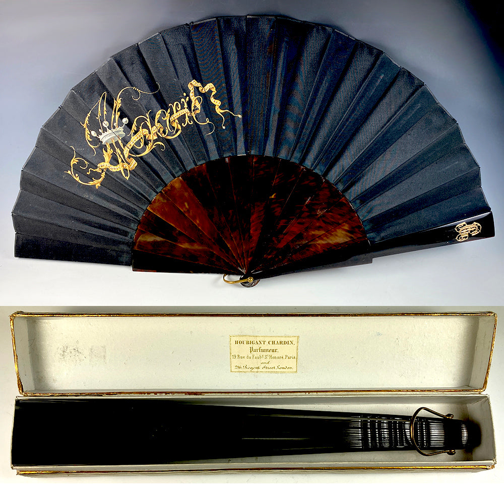 Stunning Antique French Hand Fan, Crown HP and 18k Gold Monogram (2), Tortoise Shell, Houbigant