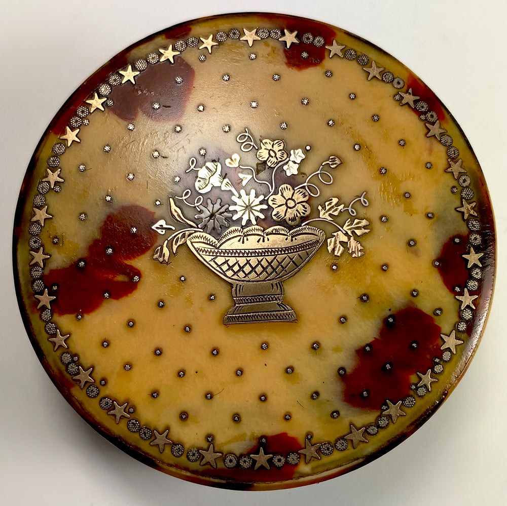 Antique Chocolate and Cognac Tortoise Shell Snuff Box, Elaborate Pique Work, c.1770s