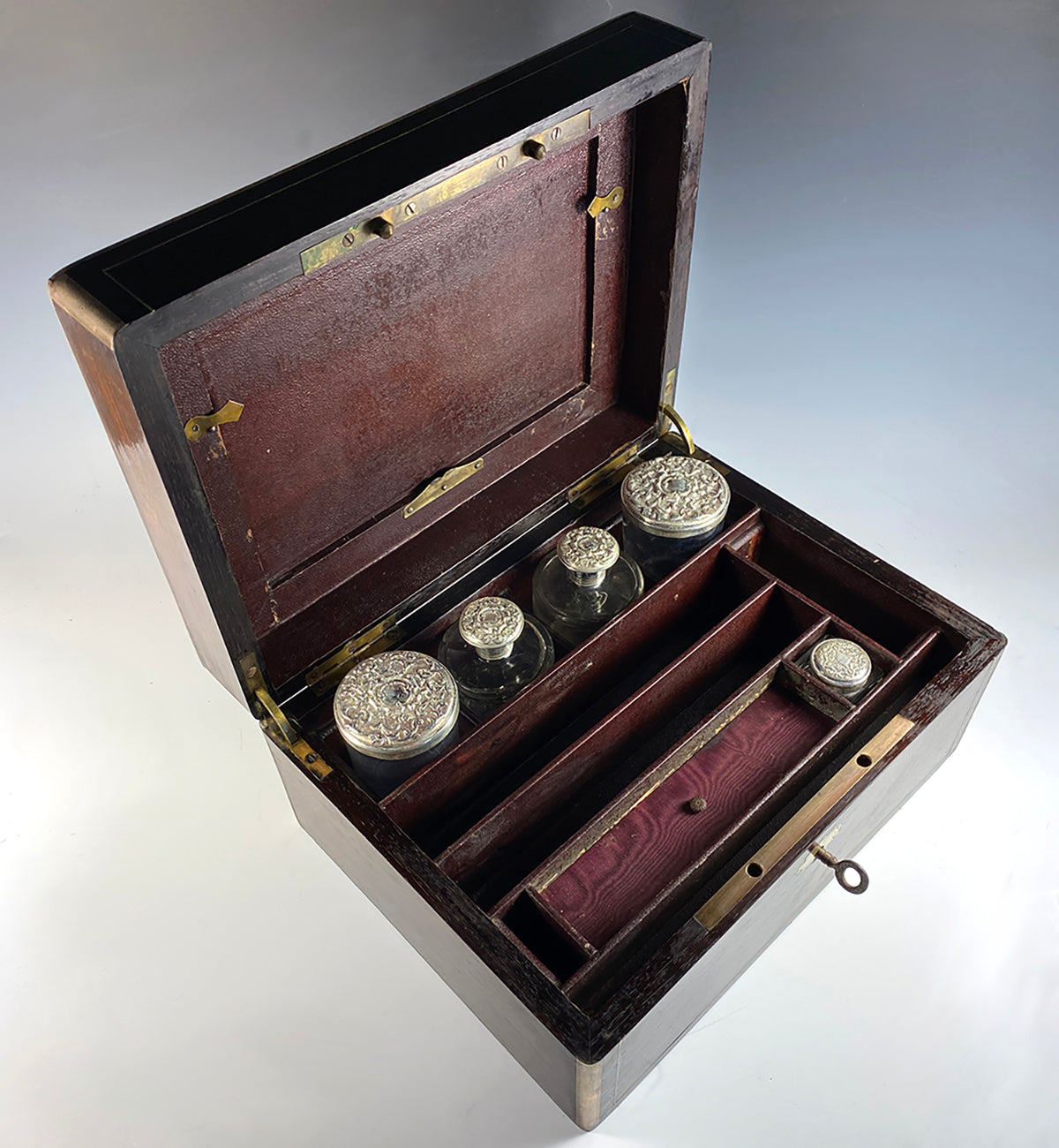 Antique Victorian Era Trousse de Voyage, Travel Vanity Box, Rosewood, Perfume Jars Inkwell, Silver Plate Lids