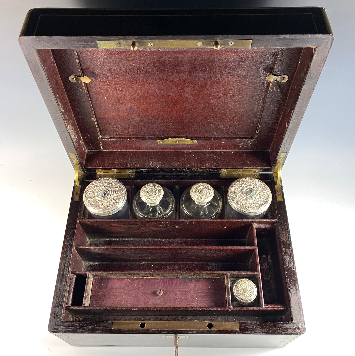 Antique Victorian Era Trousse de Voyage, Travel Vanity Box, Rosewood, Perfume Jars Inkwell, Silver Plate Lids