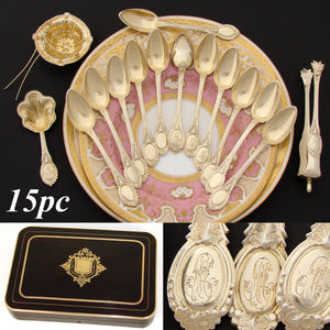 Antique French Hallmarked 18k Gold on Silver Vermeil 15pc Teaspoon, Tongs + Set, Boulle Style Rosewood & Brass Inlay Box