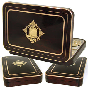 Antique French Hallmarked 18k Gold on Silver Vermeil 15pc Teaspoon, Tongs + Set, Boulle Style Rosewood & Brass Inlay Box