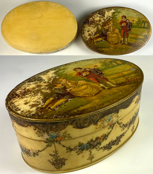 Antique 19th c. French Celluloid Faux Ivory Vernis Martin Large Oval Box, Romantic Painting