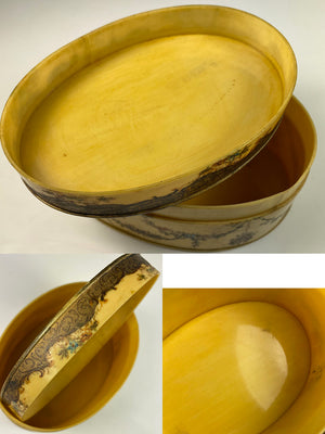Antique 19th c. French Celluloid Faux Ivory Vernis Martin Large Oval Box, Romantic Painting