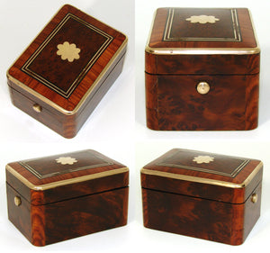 Antique French Napoleon III Pocket Watch or Jewelry Casket, Burled & Kingwood Marquetry