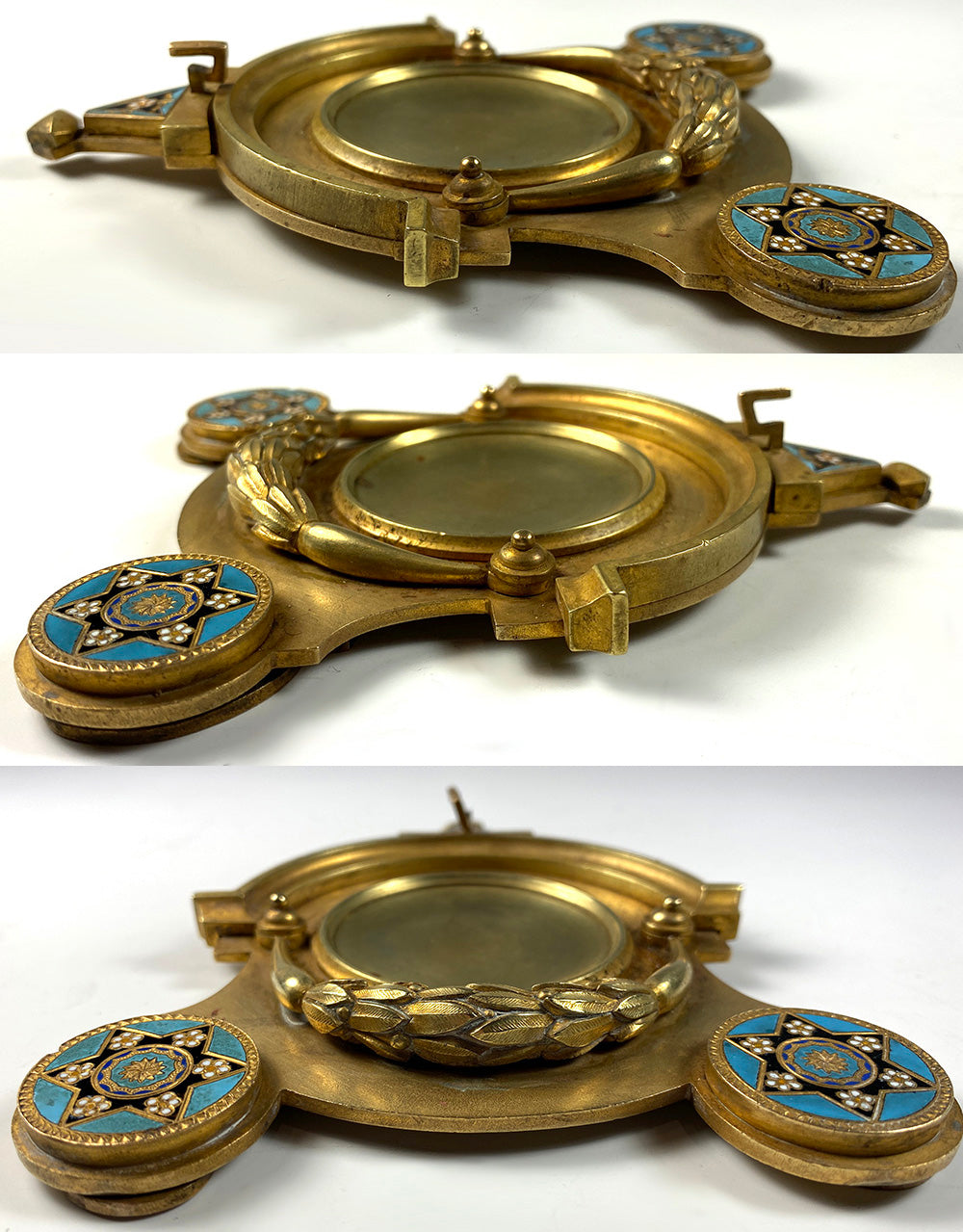 Antique French Heavy Dore Bronze and Champleve Enamel Pocket Watch Stand, Holder