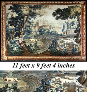 RARE EC 18th Century Antique French Aubusson 11' x 9'4" Tapestry, Hounds & Hare, Castle, Verdure