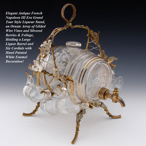 Antique French Aperitif Liqueur Service, Lg Barrel, Six Cups, Gilt Wire Frame & Silvered Leaves