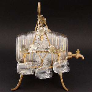 Antique French Aperitif Liqueur Service, Lg Barrel, Six Cups, Gilt Wire Frame & Silvered Leaves