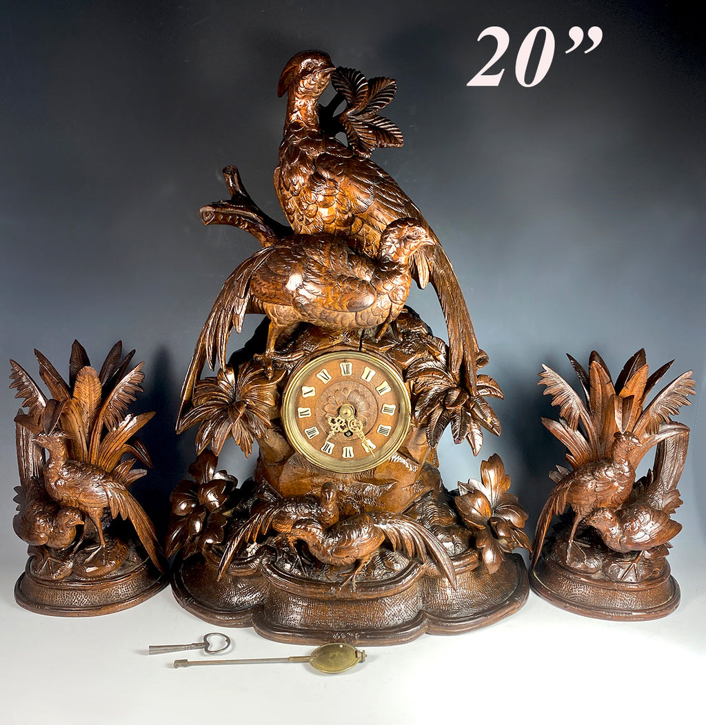 RARE Large Antique HC Swiss Black Forest Fruits of the Hunt 20" Mantel Clock, Candle Stands