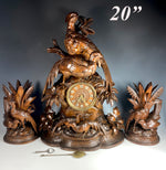 RARE Large Antique HC Swiss Black Forest Fruits of the Hunt 20" Mantel Clock, Candle Stands