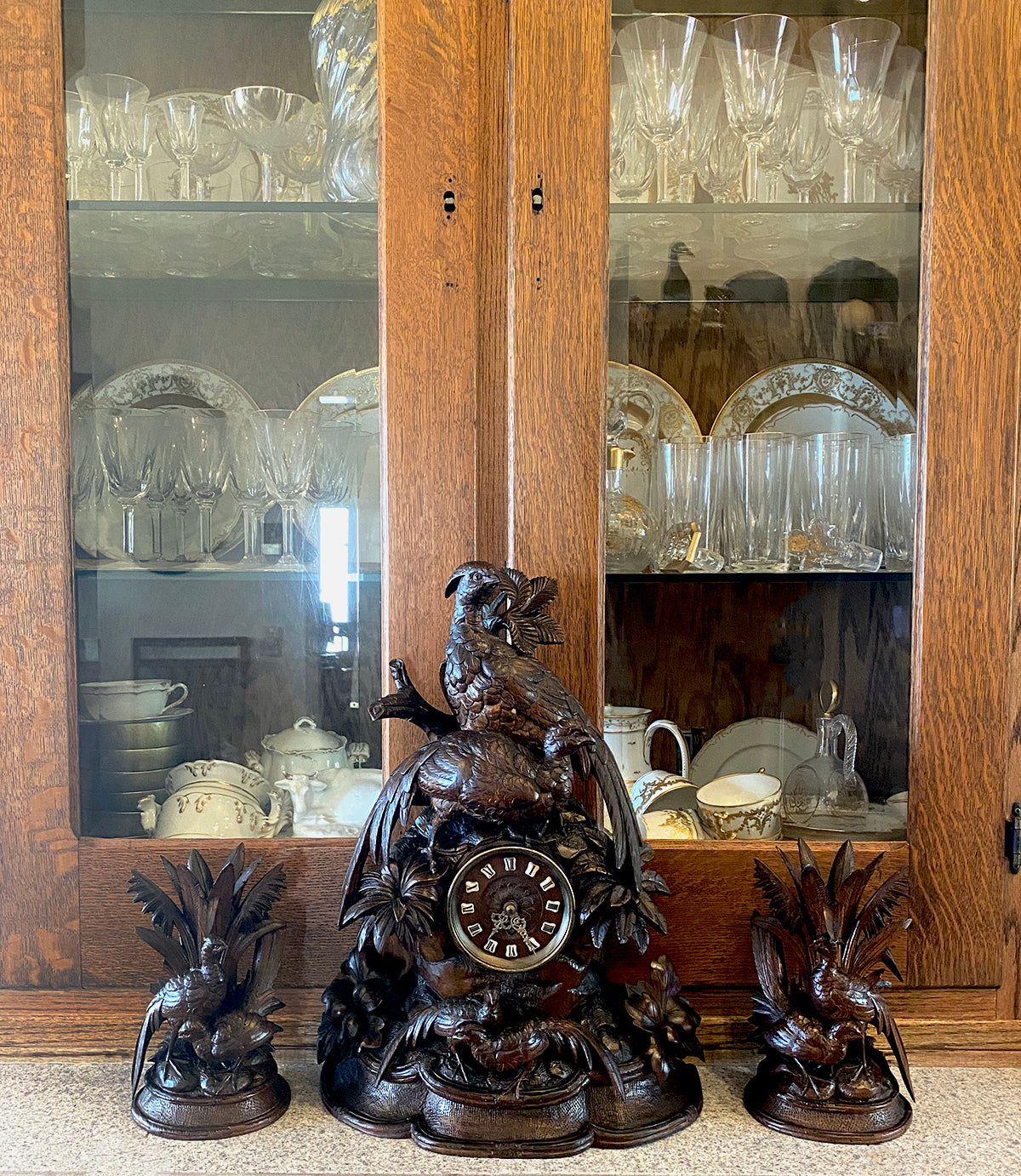 RARE Large Antique HC Swiss Black Forest Fruits of the Hunt 20" Mantel Clock, Candle Stands