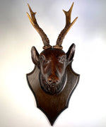 Antique Swiss Hand Carved Deer Head w Real Antlers on Wall Plaque, Fruits of the Hunt