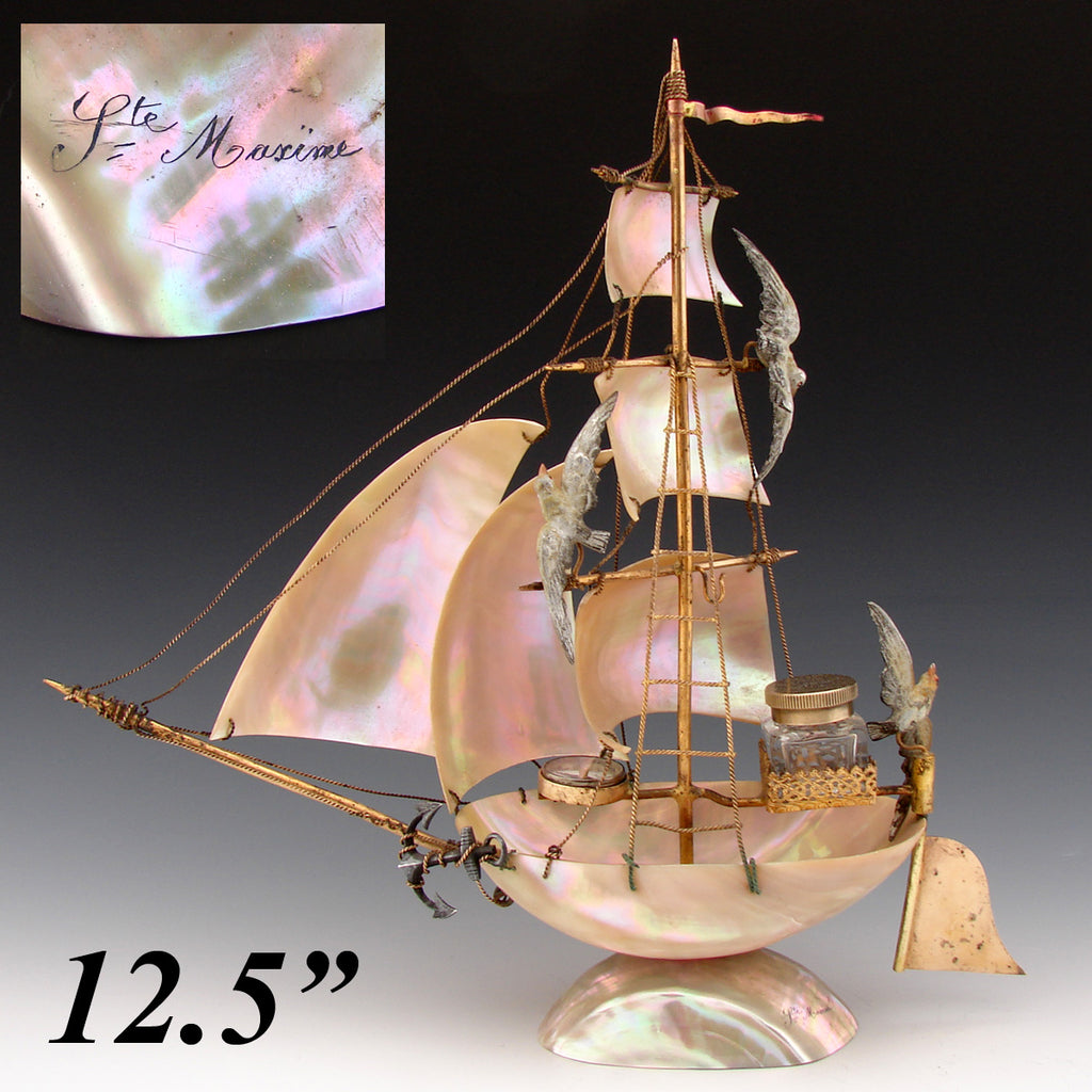 Antique French Mother of Pearl Shell Sail Boat 12.5" Tall w Inkwell, Anchor, Compass, Pocket Watch Holder & Seagulls, Superb Detail