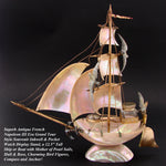 Antique French Mother of Pearl Shell Sail Boat 12.5" Tall w Inkwell, Anchor, Compass, Pocket Watch Holder & Seagulls, Superb Detail