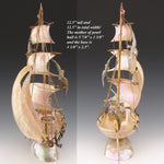 Antique French Mother of Pearl Shell Sail Boat 12.5" Tall w Inkwell, Anchor, Compass, Pocket Watch Holder & Seagulls, Superb Detail