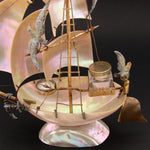 Antique French Mother of Pearl Shell Sail Boat 12.5" Tall w Inkwell, Anchor, Compass, Pocket Watch Holder & Seagulls, Superb Detail