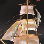 Antique French Mother of Pearl Shell Sail Boat 12.5" Tall w Inkwell, Anchor, Compass, Pocket Watch Holder & Seagulls, Superb Detail