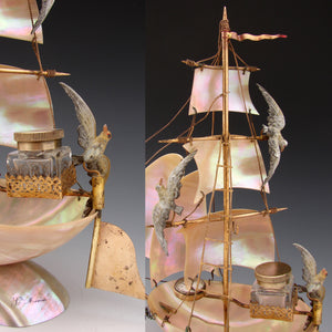 Antique French Mother of Pearl Shell Sail Boat 12.5" Tall w Inkwell, Anchor, Compass, Pocket Watch Holder & Seagulls, Superb Detail