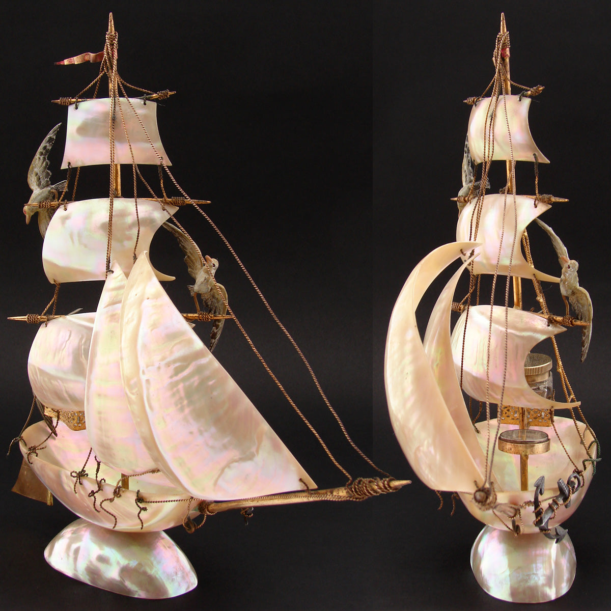 Antique French Mother of Pearl Shell Sail Boat 12.5" Tall w Inkwell, Anchor, Compass, Pocket Watch Holder & Seagulls, Superb Detail