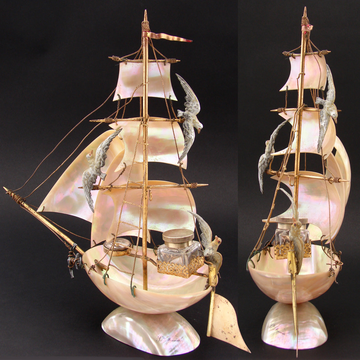 Antique French Mother of Pearl Shell Sail Boat 12.5" Tall w Inkwell, Anchor, Compass, Pocket Watch Holder & Seagulls, Superb Detail