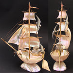 Antique French Mother of Pearl Shell Sail Boat 12.5" Tall w Inkwell, Anchor, Compass, Pocket Watch Holder & Seagulls, Superb Detail