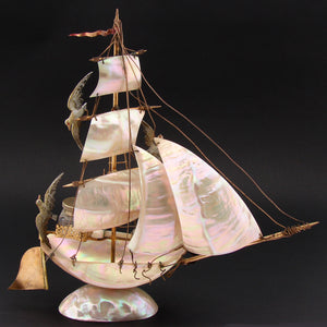 Antique French Mother of Pearl Shell Sail Boat 12.5" Tall w Inkwell, Anchor, Compass, Pocket Watch Holder & Seagulls, Superb Detail