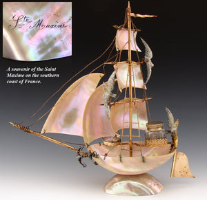 Antique French Mother of Pearl Shell Sail Boat 12.5" Tall w Inkwell, Anchor, Compass, Pocket Watch Holder & Seagulls, Superb Detail