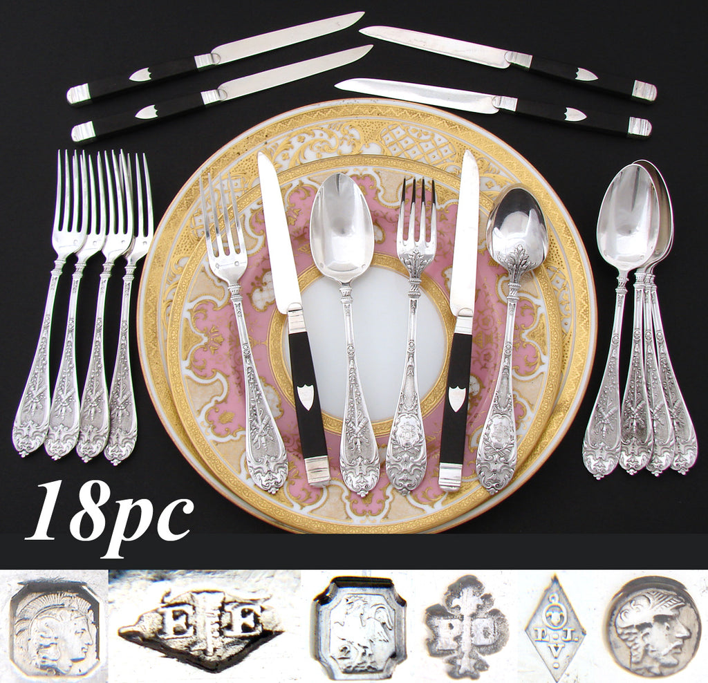 Gorgeous Antique French Sterling Silver 18pc Flatware Set, Empire Torch & Quiver Pattern