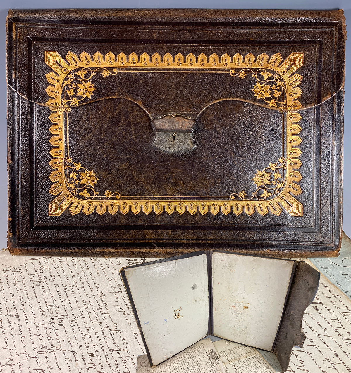 Antique Victorian Era Writer's Folio, Blotter, Brief Case, Gold Embossed Leather