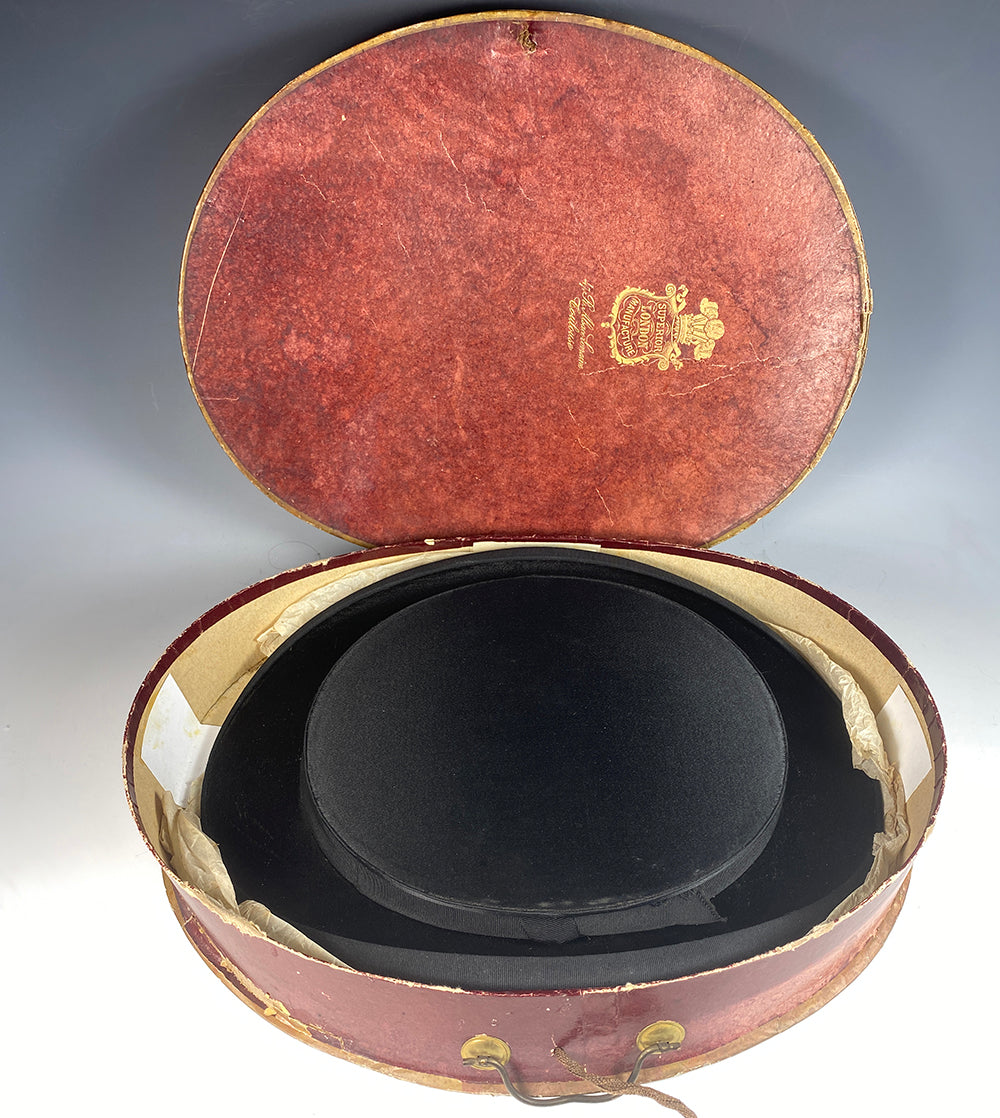 Antique 19th Century French Silk Top Hat in English Purveyor's Box, Collapsible, Tuxedo Formal Wear