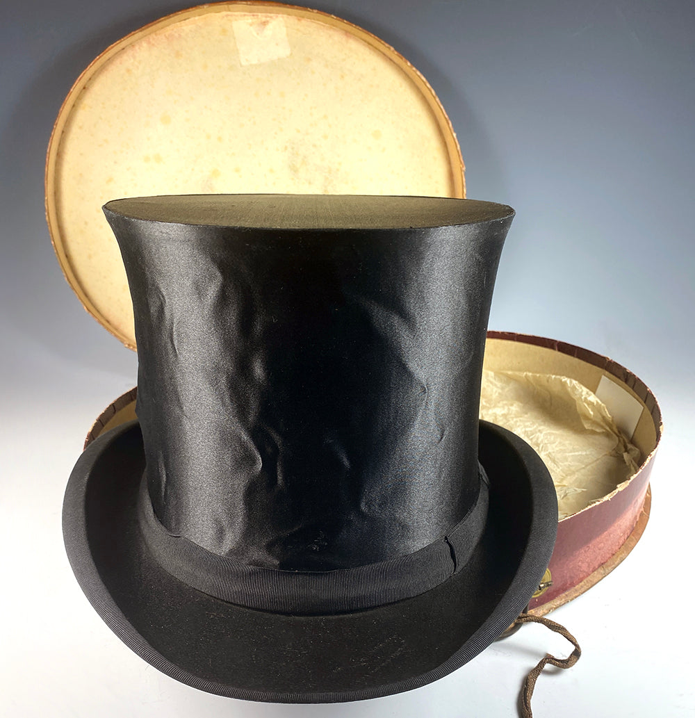 Antique 19th Century French Silk Top Hat in English Purveyor's Box, Collapsible, Tuxedo Formal Wear