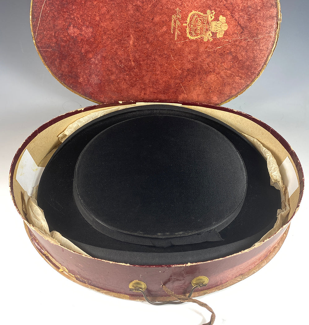 Antique 19th Century French Silk Top Hat in English Purveyor's Box, Collapsible, Tuxedo Formal Wear