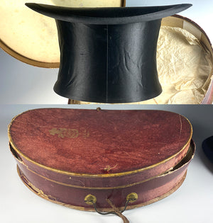 Antique 19th Century French Silk Top Hat in English Purveyor's Box, Collapsible, Tuxedo Formal Wear