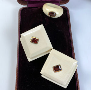 Antique French Art Deco c.1910 Earrings, Ring, Carved Ivory, 18k Gold Mounted Garnet