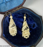 Antique Victorian to Edwardian Era Hand Carved Dieppe, France, Ivory Earrings Pair