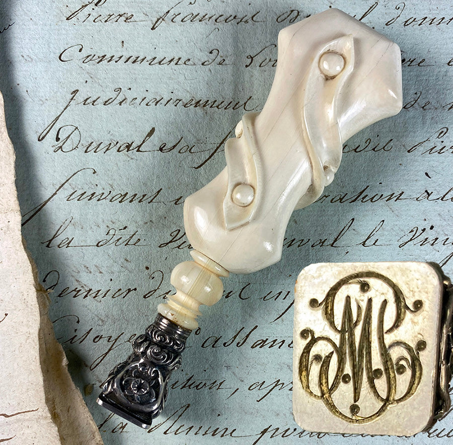 Antique French Dieppe HC Ivory & Sterling Silver Sealing Wax Cachet, Monogram Seal