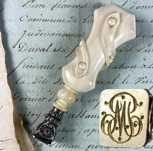 Antique French Dieppe HC Ivory & Sterling Silver Sealing Wax Cachet, Monogram Seal