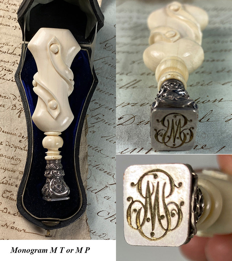 Antique French Dieppe HC Ivory & Sterling Silver Sealing Wax Cachet, Monogram Seal