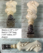 Antique French Dieppe HC Ivory & Sterling Silver Sealing Wax Cachet, Monogram Seal