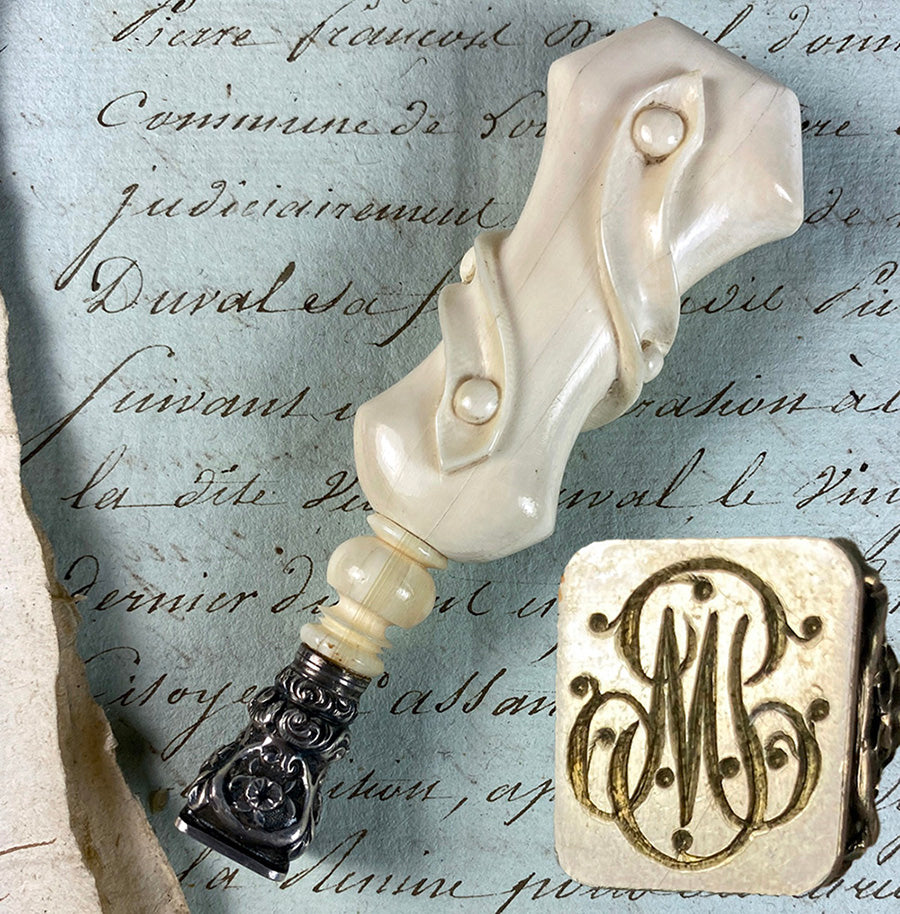 Antique French Dieppe HC Ivory & Sterling Silver Sealing Wax Cachet, Monogram Seal