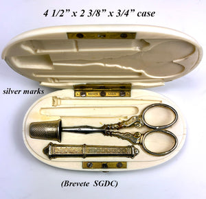 Antique 19th Century French Sewing Set, Ivory Etui, Necessaire, Sterling Silver Vermeil Tools