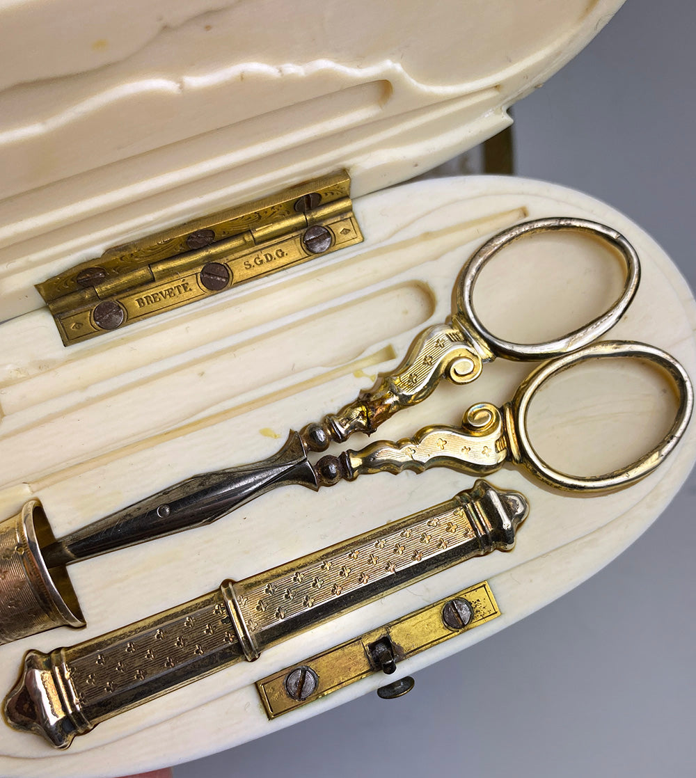 Antique 19th Century French Sewing Set, Ivory Etui, Necessaire, Sterling Silver Vermeil Tools