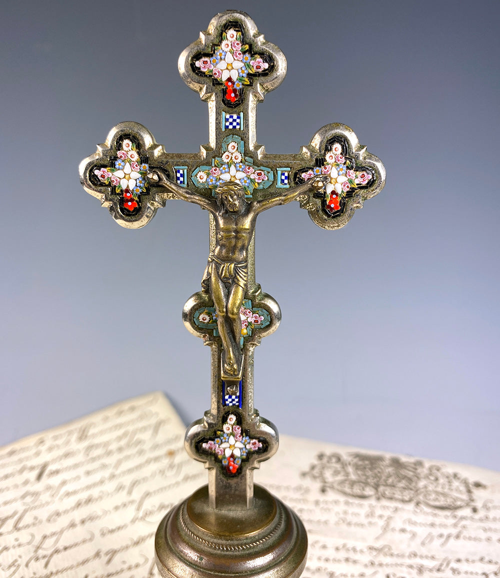 Antique Italian Micro Mosaic Crucifix Stand, Bronze Christ, Grand Tour Souvenir Cross