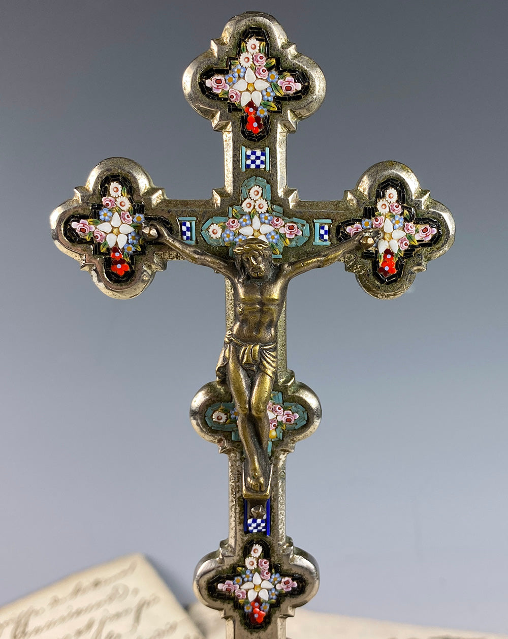 Antique Italian Micro Mosaic Crucifix Stand, Bronze Christ, Grand Tour Souvenir Cross