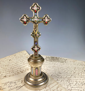 Antique Italian Micro Mosaic Crucifix Stand, Bronze Christ, Grand Tour Souvenir Cross