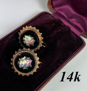 Antique Victorian Era Italian Grand Tour Micro Mosaics in 14k Mounts, Made up as Earrings