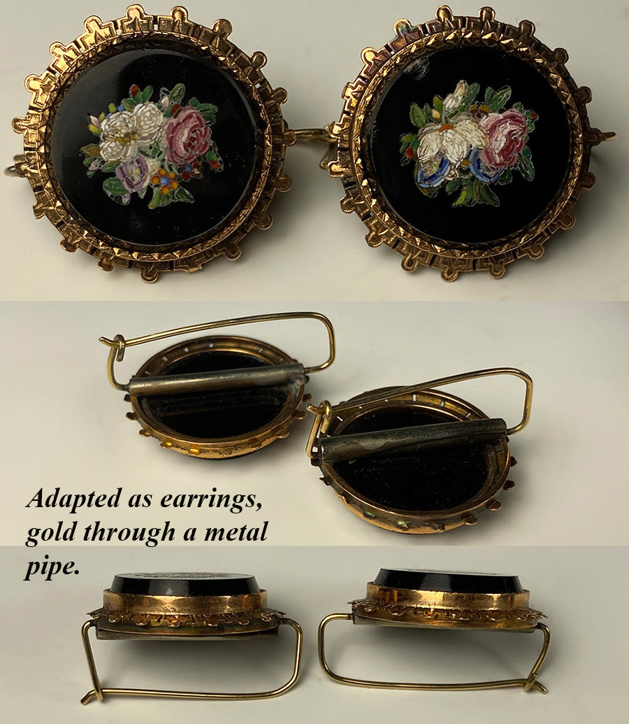 Antique Victorian Era Italian Grand Tour Micro Mosaics in 14k Mounts, Made up as Earrings