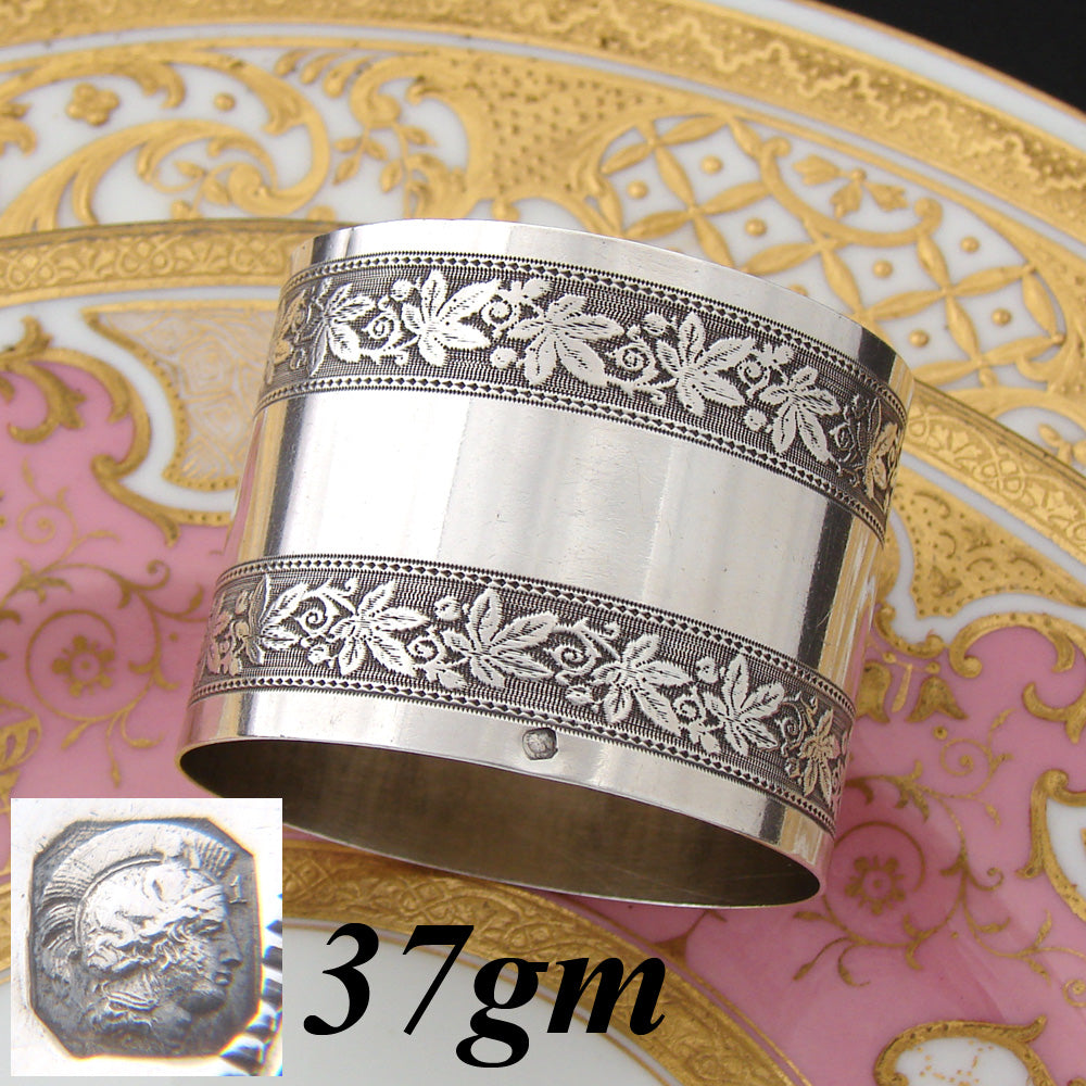 Antique French Sterling Silver Napkin Ring, Frieze Style Foliate Garland Bands